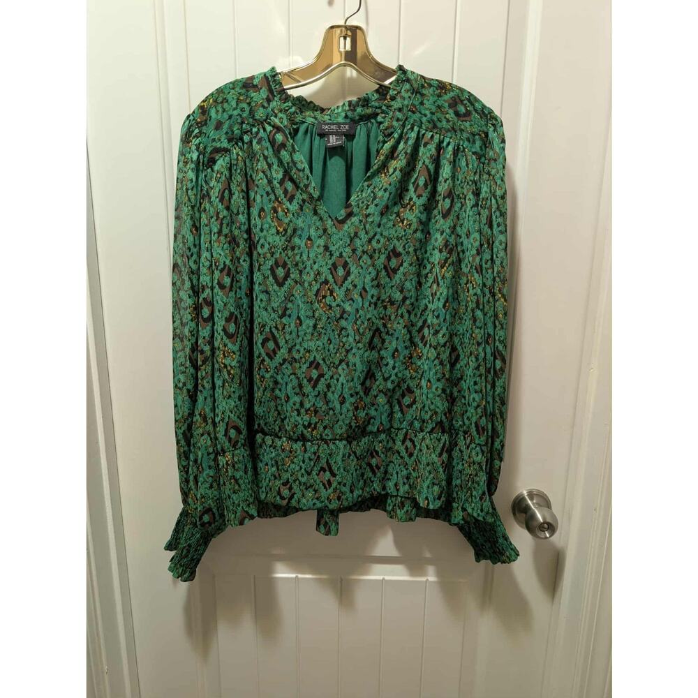 RACHEL ZOE Top Green Geometric Print V Neck Long Sleeve Blouse Size XL